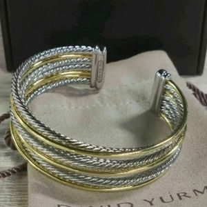 David Yurman handcrafted crossover three row cuff bracelet with 18k yellow gold